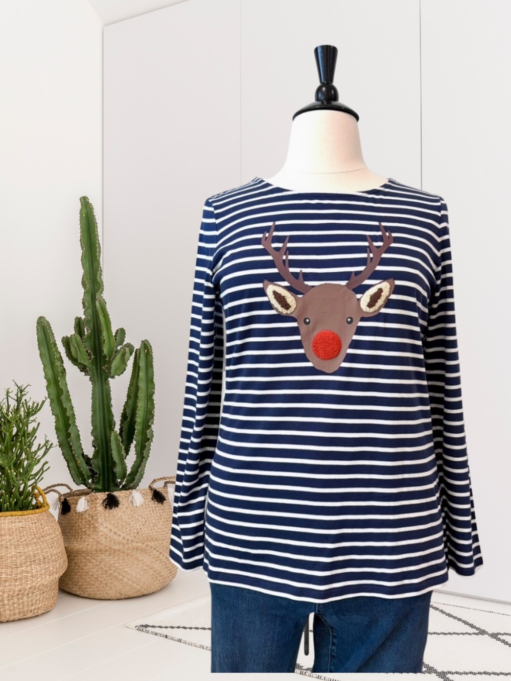 Boden Long Sleeve Striped Reindeer Appliqué Top